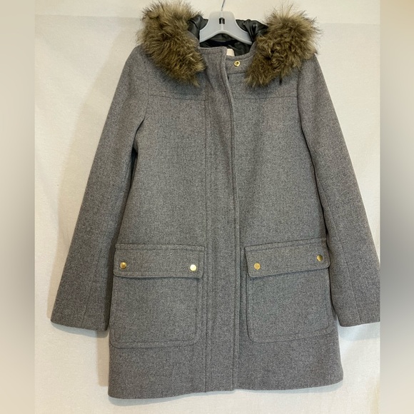 J. Crew Wool Blend Midi Winter Coat Faux Fur Hood Quilt Lined Women’s Size 2 - Picture 1 of 10
